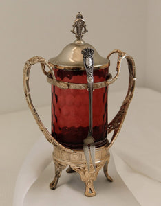 Antique Silver Plate Cranberry Glass Pickle Castor