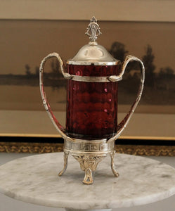 Antique Silver Plate Cranberry Glass Pickle Castor