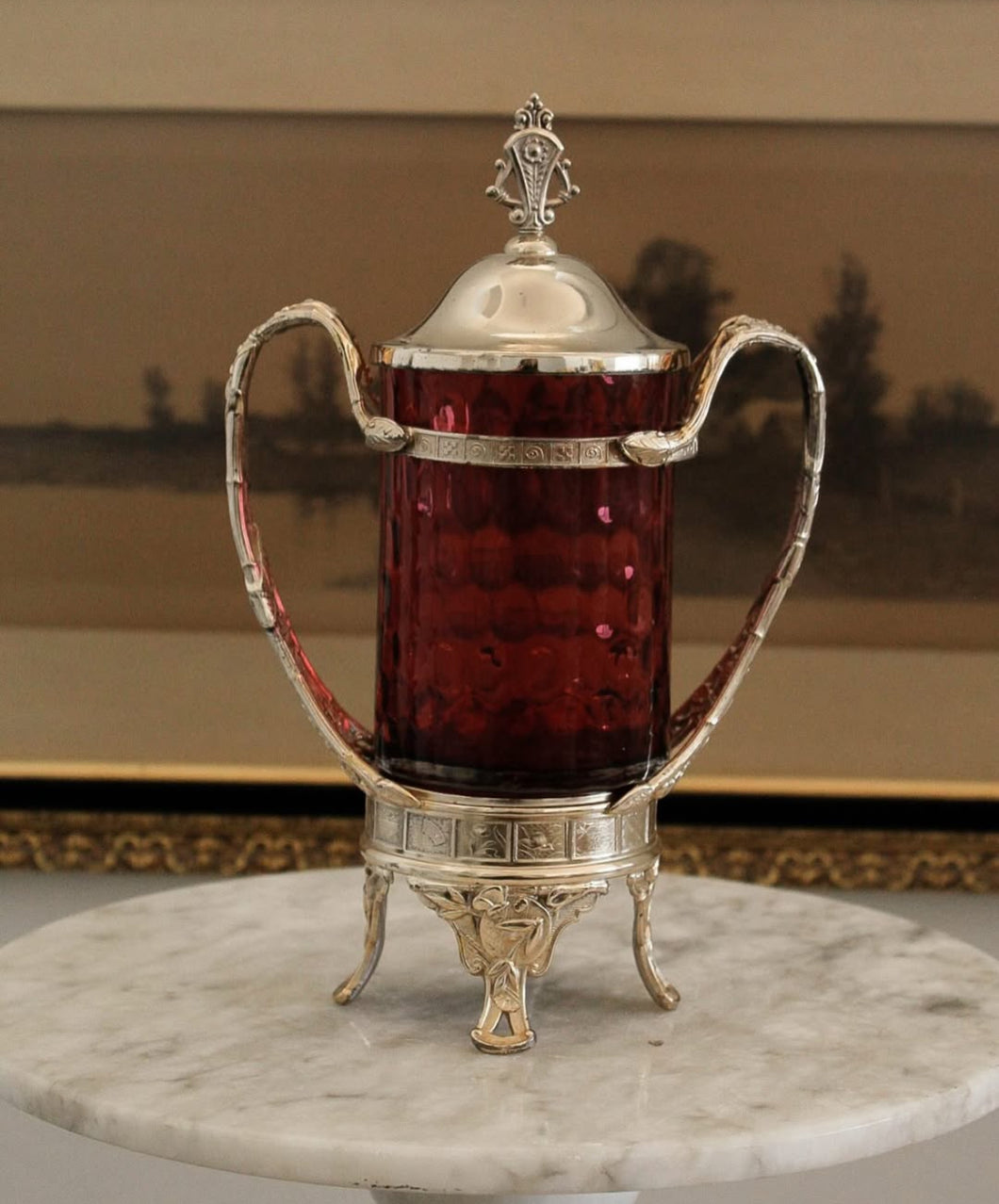 Antique Silver Plate Cranberry Glass Pickle Castor